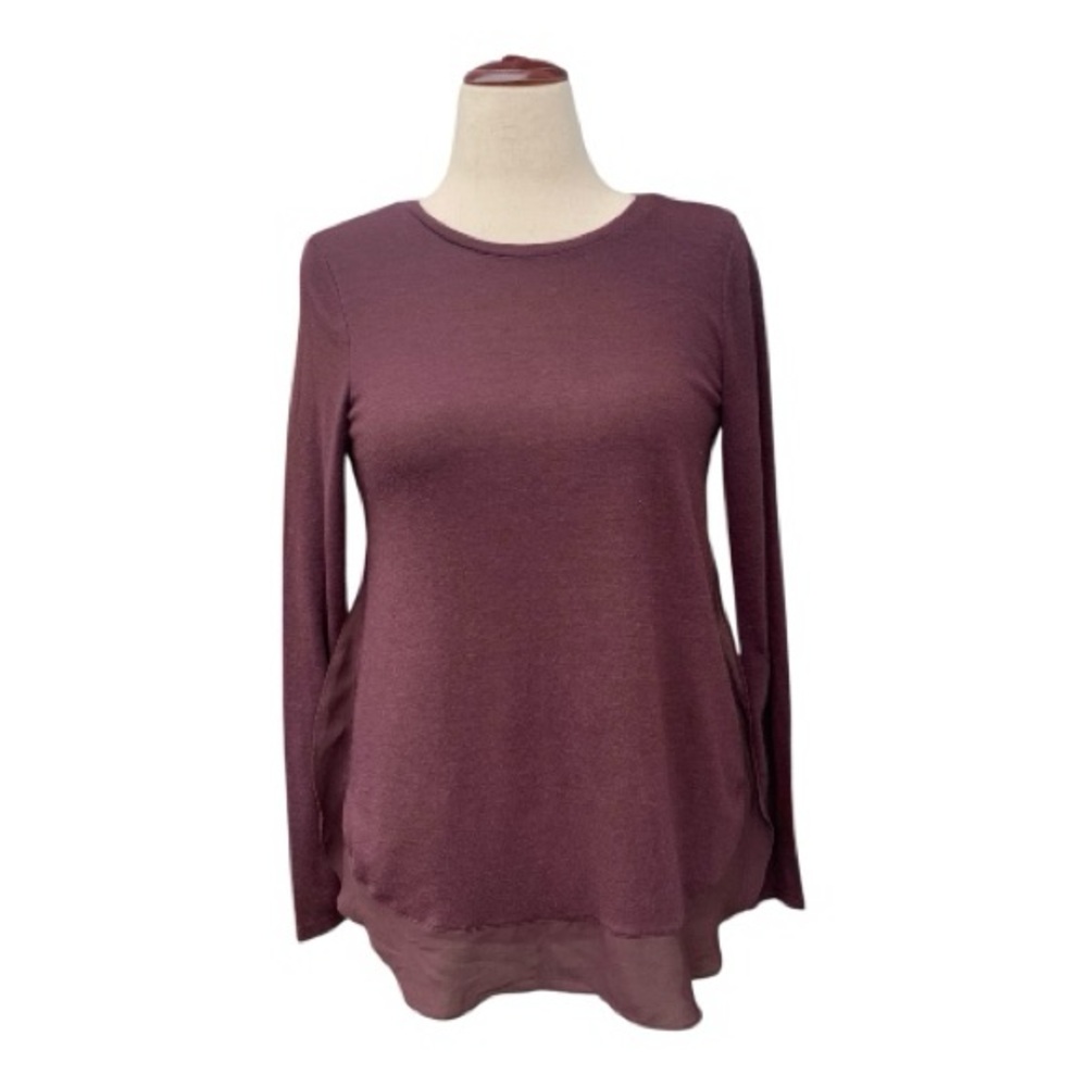LOFT Versatile Long Sleeve Tunic Top Deep Purple Plum Sheer Trim Size XS